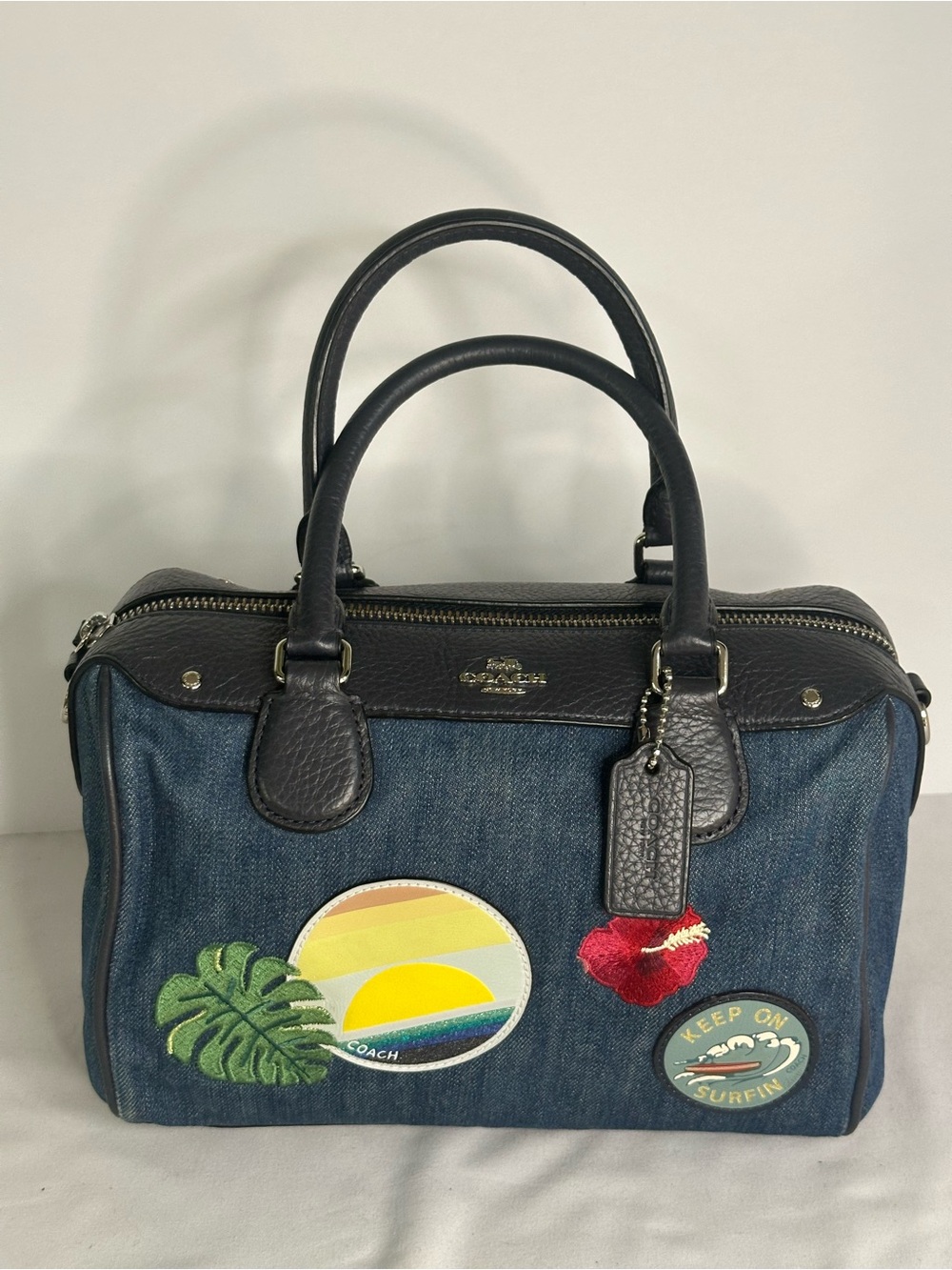 Coach F28957 Bennett Satchel Denim with Hawaii Patches and Blue Leather Trim